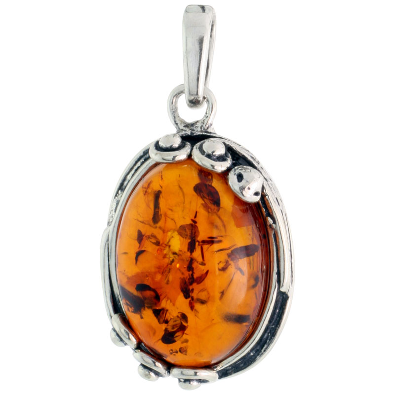 Sterling Silver Oval Russian Baltic Amber Pendant w/ Beads, w/ 18x12mm Oval-shaped Cabochon Cut Stone, 1" (26 mm) tall 