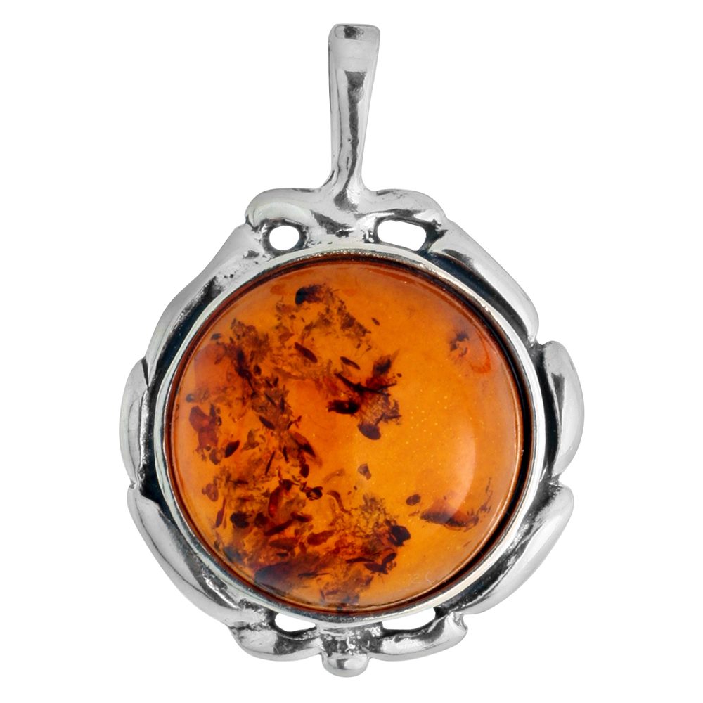 Sterling Silver Round Baltic Amber Necklace for Women Flower Wreath Bezel Round Cabochon 13/16 inch tall Available with or without chain