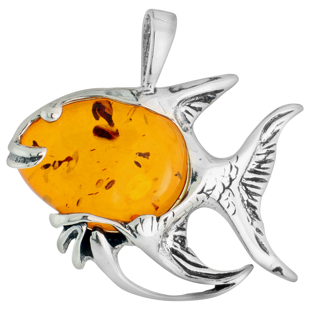 Sterling Silver Baltic Amber Angelfish Pendant for Women Cabochon 1 1/4 inch tall No Chain Included