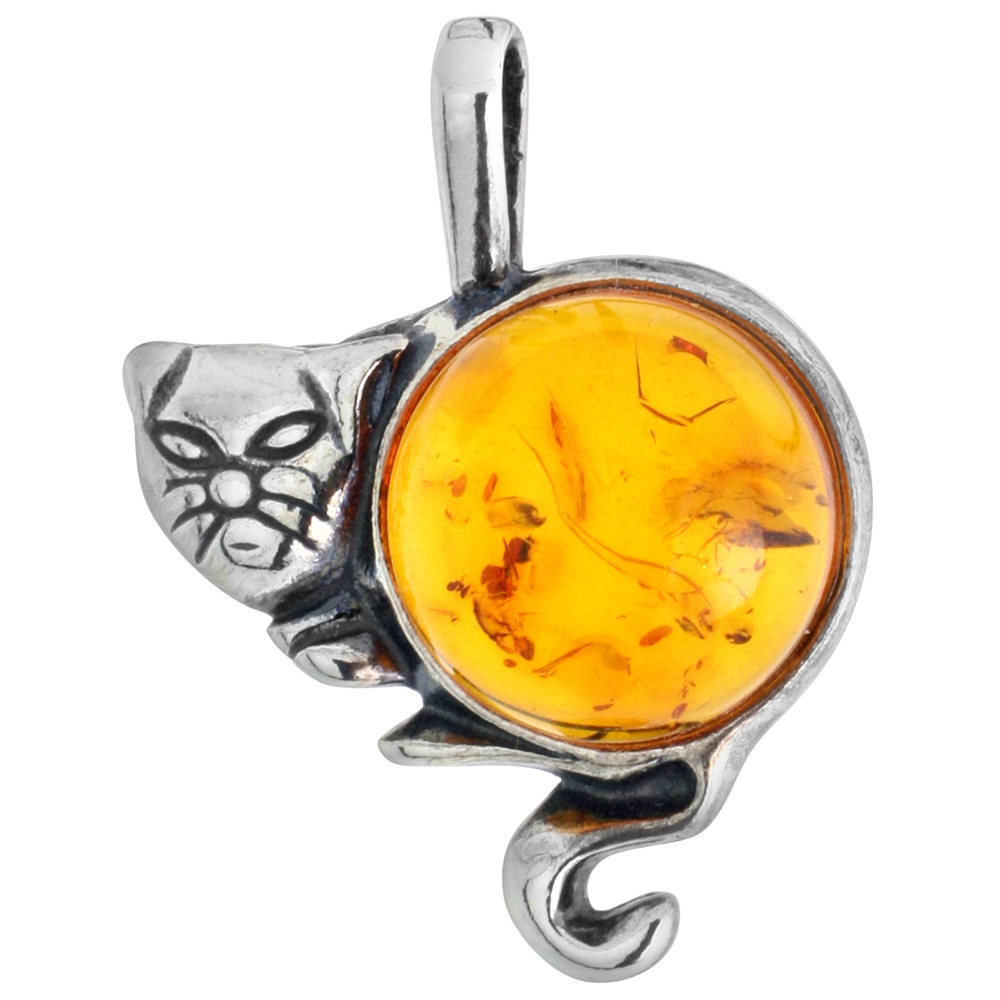 Sterling Silver Baltic Amber Cat Pendant for Women Round Cabochon 3/4 inch tall