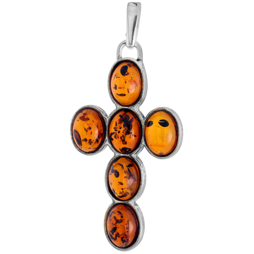 1 1/2 inch Sterling Silver Baltic Amber Cross Necklace for Women with Oval Cabochons Available with or without chain
