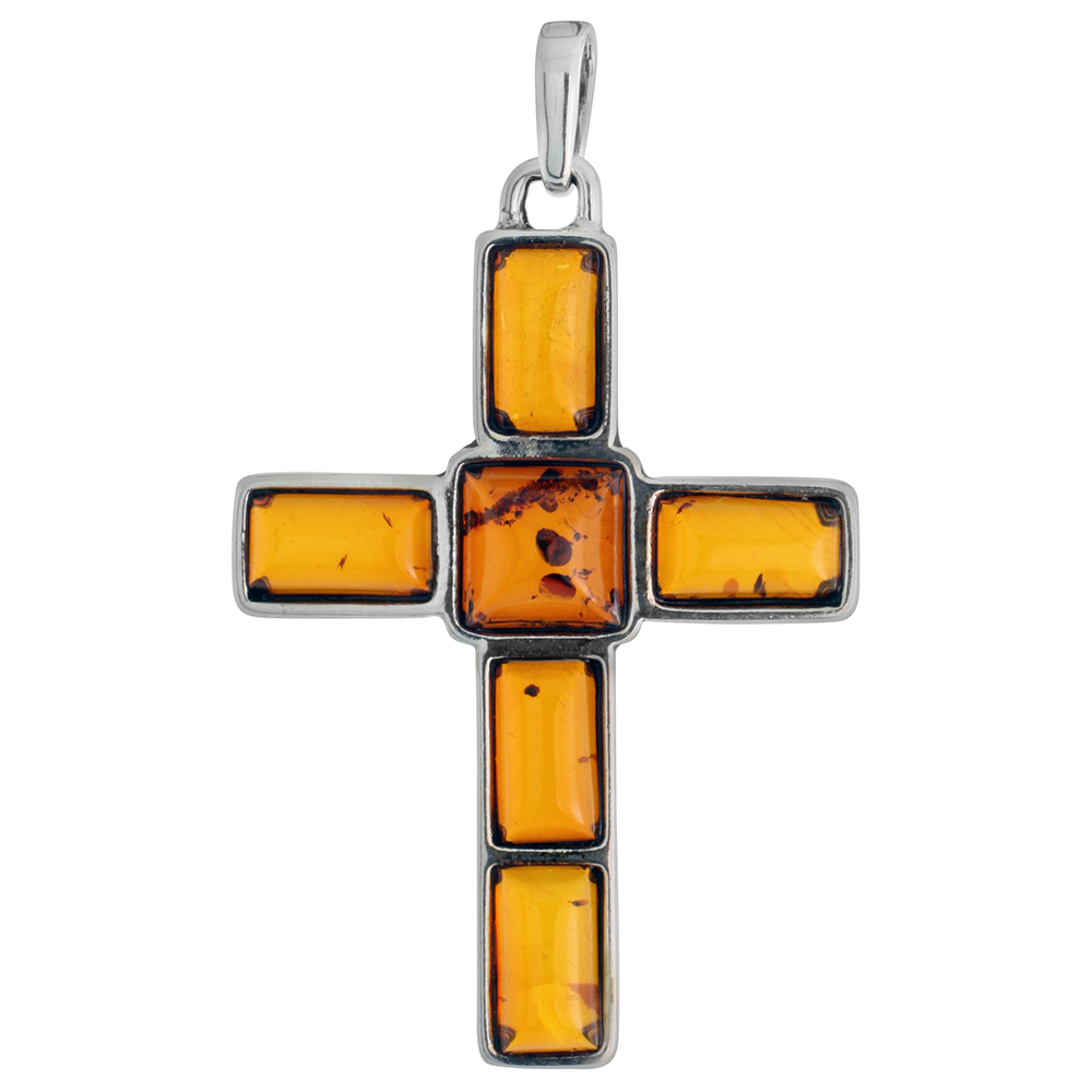 1 3/4 inch Sterling Silver Baltic Amber Cross Necklace for Women Rectangular Cabochons Available with or without chain