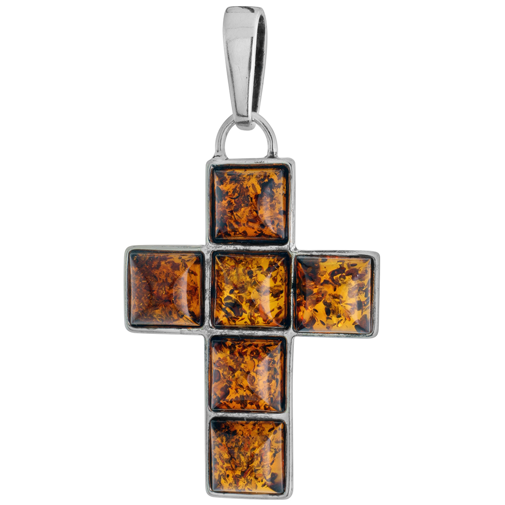 Sterling Silver Baltic Amber Cross Necklace for Women Square Cabochon 1 3/4 inch tall Available with or without chain