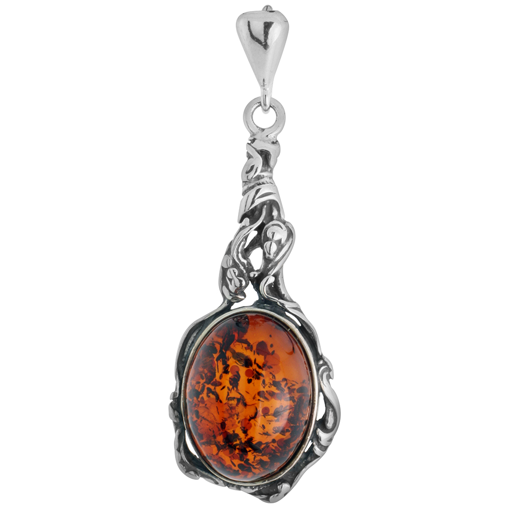 Sterling Silver Baltic Amber Drop Necklace for Women Floral Design Oval Cabochon 1 1/2 inch tall Available with or without chain