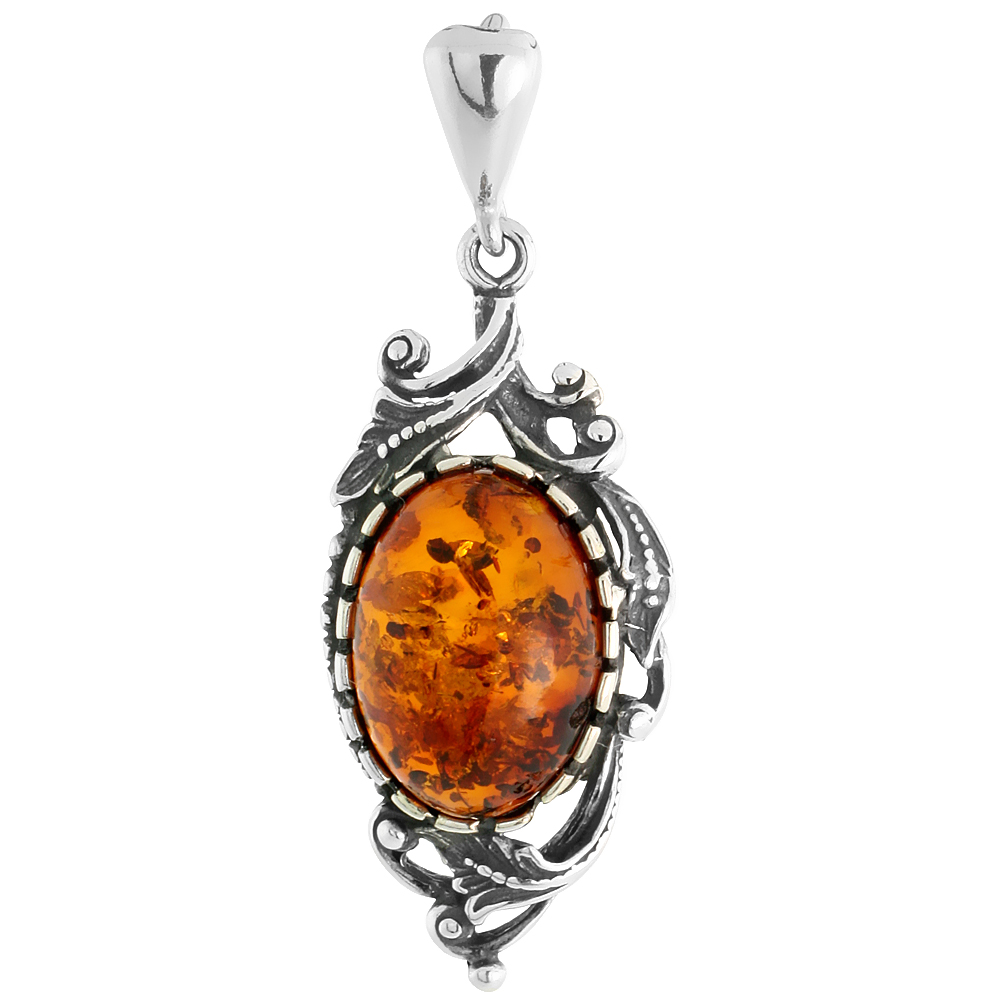 Sterling Silver Russian Baltic Amber Pendant w/ Leaves, w/ 14x10mm Oval-shaped Cabochon Cut Stone, 1 1/4&quot; (31 mm) tall