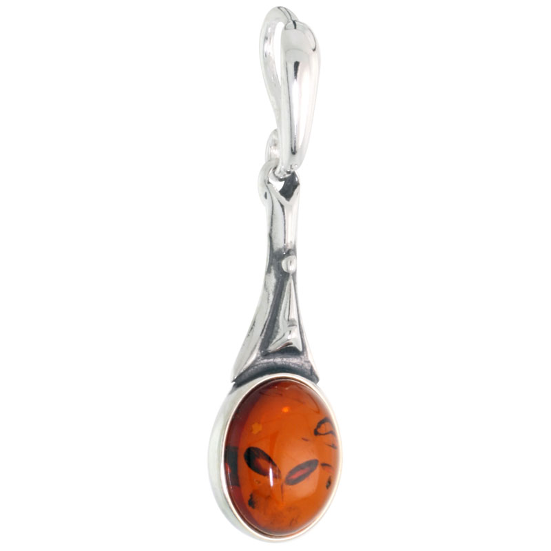 Sterling Silver Oval Russian Baltic Amber Pendant w/ 10x8mm Oval-shaped Cabochon Cut Stone, 15/16&quot; (24 mm) tall 