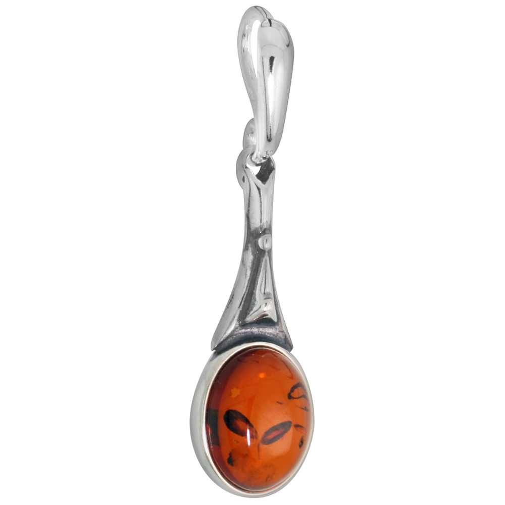 Dainty Sterling Silver Baltic Amber Drop Pendant for Women Oval Cabochon 1 inch tall No Chain Included