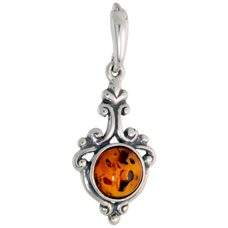 Sterling Silver Russian Baltic Amber Pendant w/ 8mm Round-shaped Cabochon Cut Stone, 1&quot; (26 mm) tall 