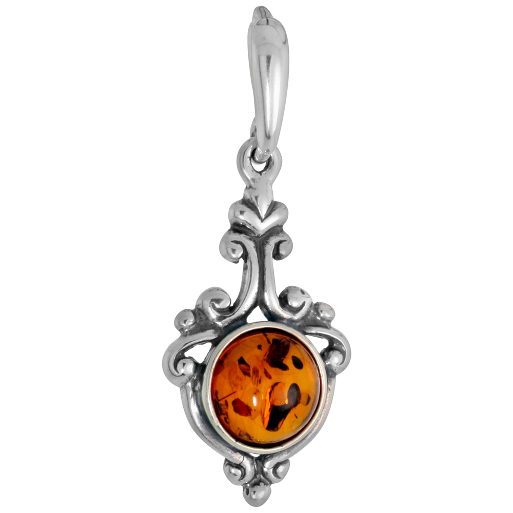 Dainty Sterling Silver Baltic Amber Pendant for Women Scroll Bezel 8mm Round Cabochon 1 inch tall No Chain Included