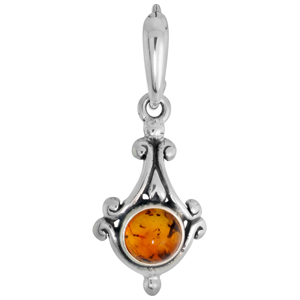 Dainty Sterling Silver Baltic Amber Pendant for Women Scroll Pattern 6mm Round Cabochon 7/8 inch tall No Chain Included