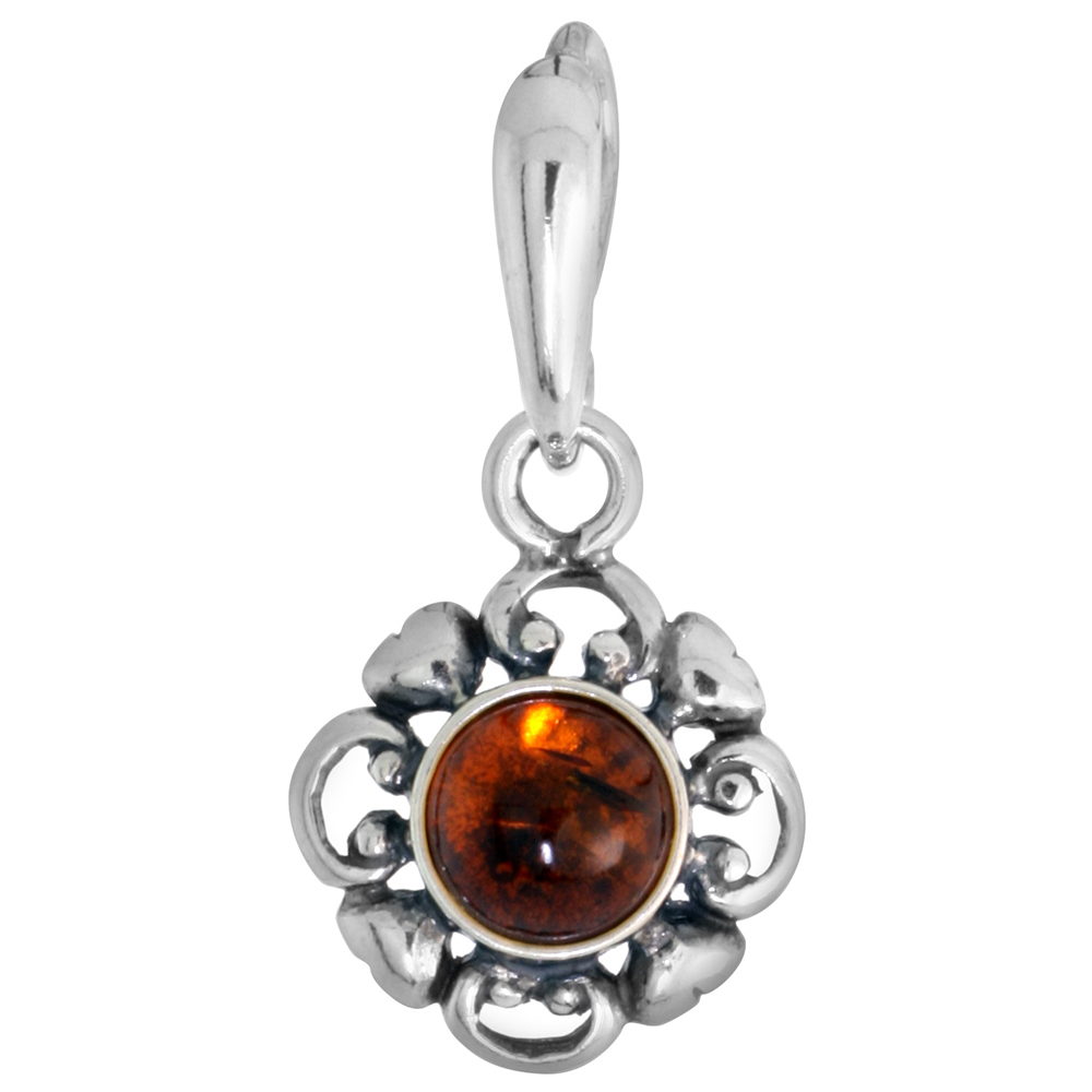 Sterling Silver Baltic Amber Hearts and Scrolls Hearts and Scrolls Necklace for Women 6mm Round Cabochon 5/8 inch tall Available with or without chain