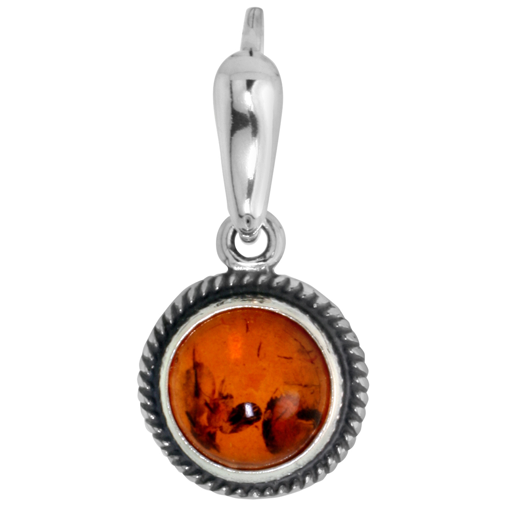 1/2 inch Dainty Sterling Silver Baltic Amber Pendant for Women Rope Edge Design 6mm Round Cabochon No Chain Included
