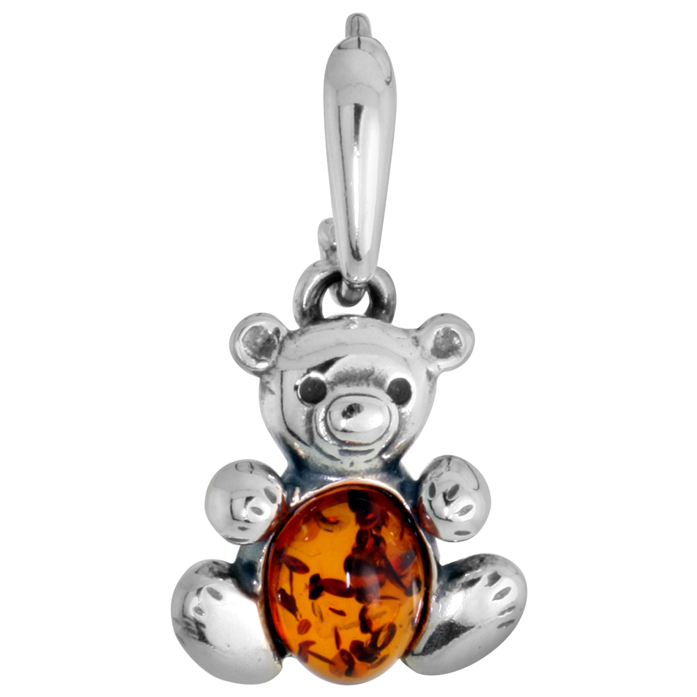 Small Sterling Silver Baltic Amber Teddy Bear Necklace for Women and Girls 8x6mm Oval Cabochon 5/8 inch tall Available with or without chain