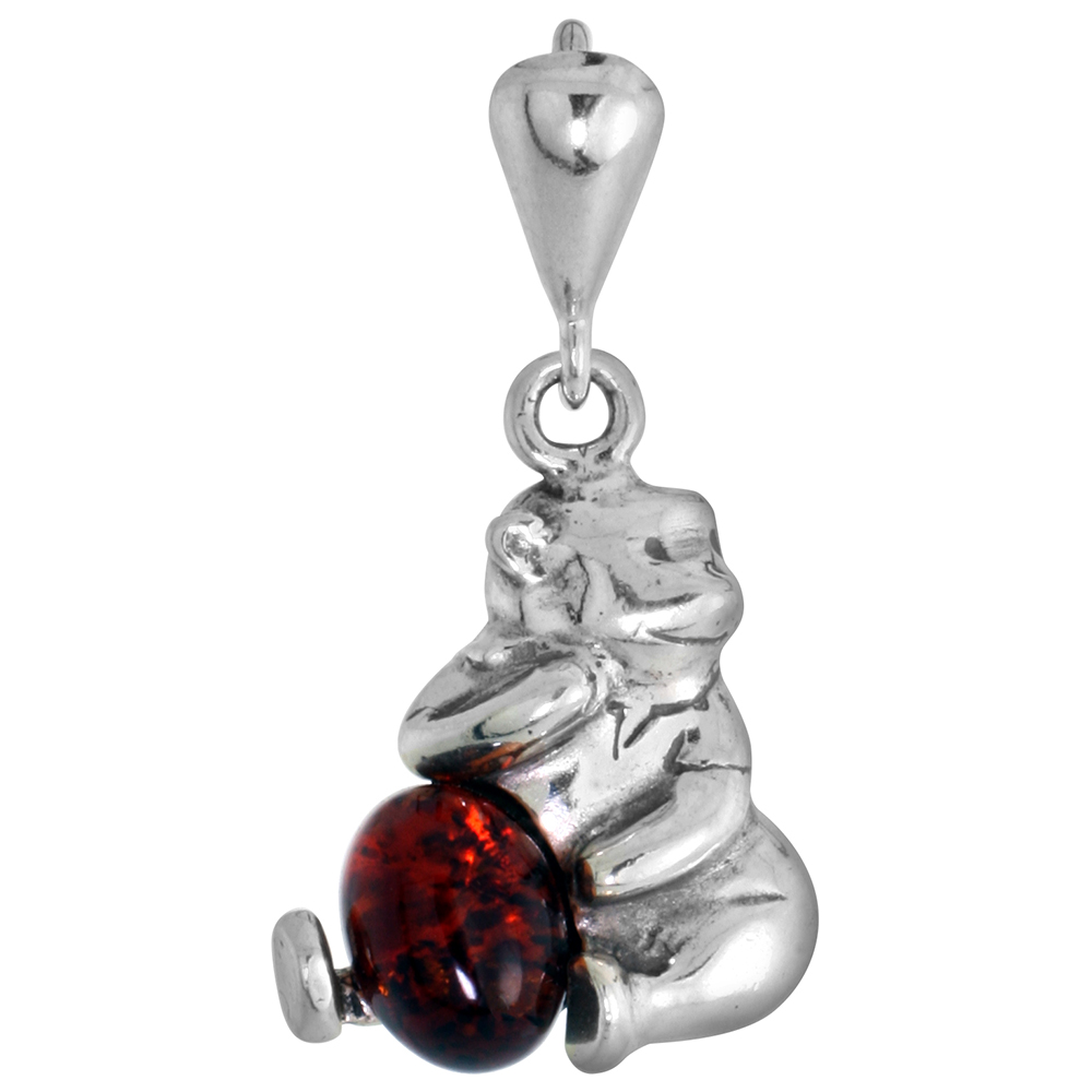 3/4 inch Dainty Sterling Silver Baltic Amber Bear Pendant for Women and Girls Sitting Sideways Oval Cabochon No Chain Included