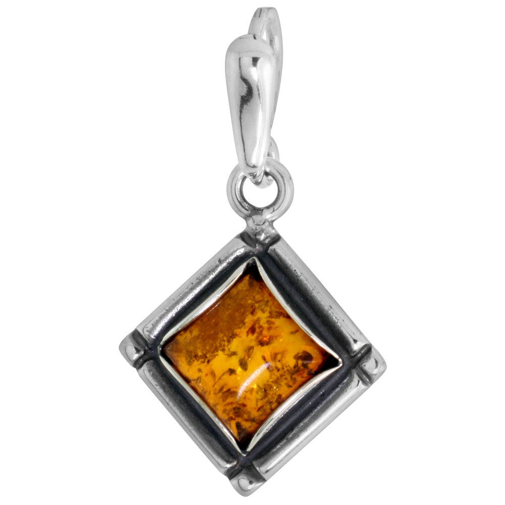 3/4 inch Sterling Silver Baltic Amber Square Cabochon Pendant for Women 8mm Square Cabochon Antiqued Finish No Chain Included