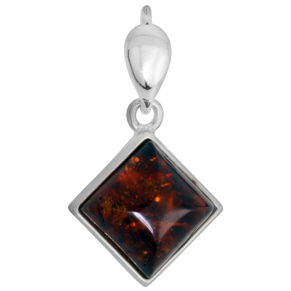 Sterling Silver Baltic Amber Square Necklace for Women Plain Bezel 10mm Square Cabochon Available with or without chain