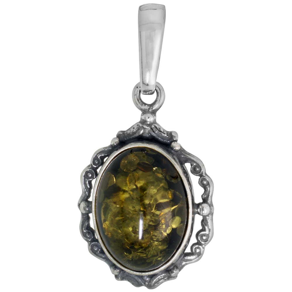 Sterling Silver Green Amber Floral Necklace for Women Scrolled Bezel 12x16mm Oval Cabochon 1 inch tall Available with or without chain