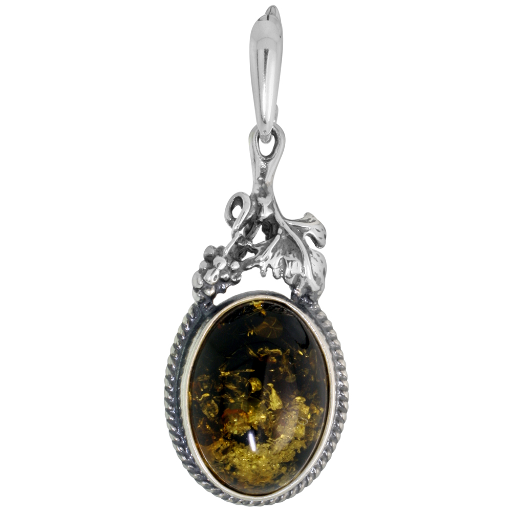 Sterling Silver Green Amber Pendant for Women Grape Vine Rope Bezel 12x16mm Oval Cabochon 1.25 inch tall No Chain Included