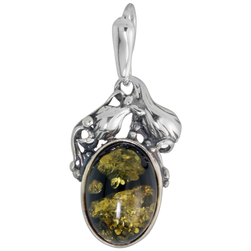 Sterling Silver Green Amber Pendant for Women Grape Vine Bezel 10x12mm Oval Cabochon 1 inch tall No Chain Included
