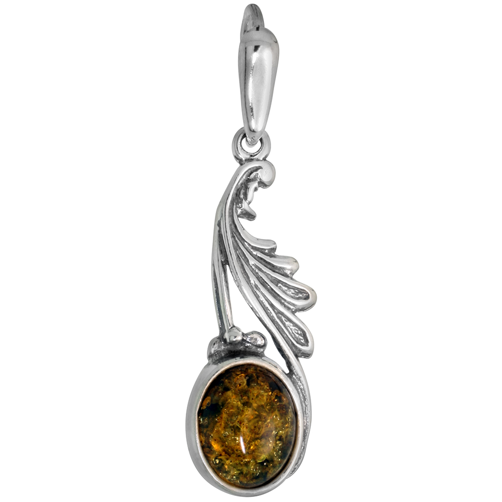 Sterling Silver Green Amber Drop Pendant for Women Fanned Bezel 8x6mm Oval Cabochon 1.25 inch tall No Chain Included