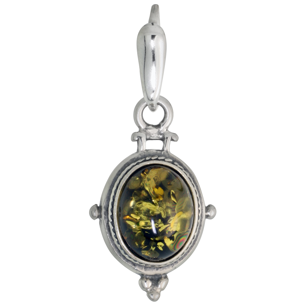 Sterling Silver Green Amber Pendant for Women Roped Bezel 8x10mm Oval Cabochon No Chain Included