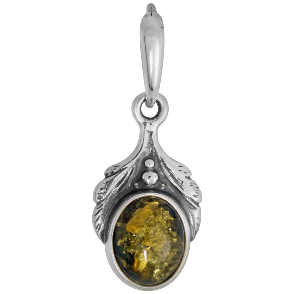 Sterling Silver Green Amber Pendant for Women Leaves Bezel 7x9mm Oval Cabochon No Chain Included