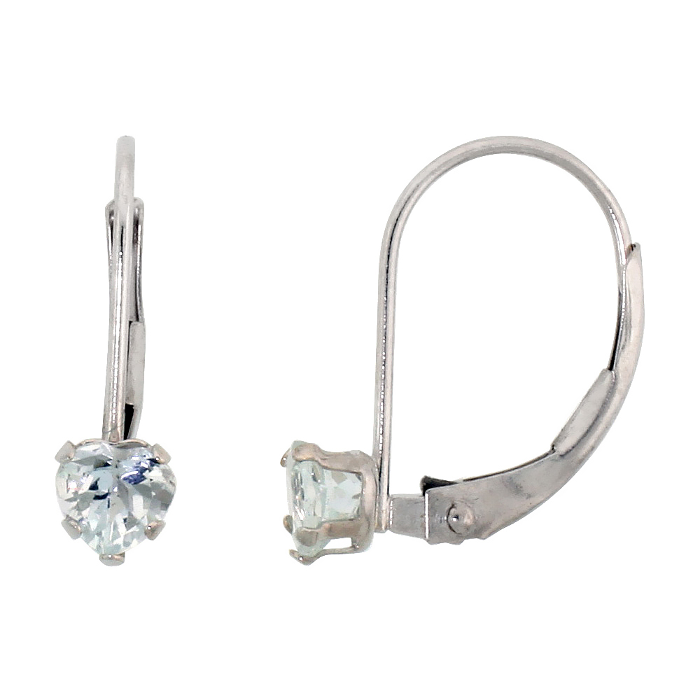 10k White Gold Natural Aquamarine Heart Leverback Earrings 4mm March Birthstone, 9/16 inch long