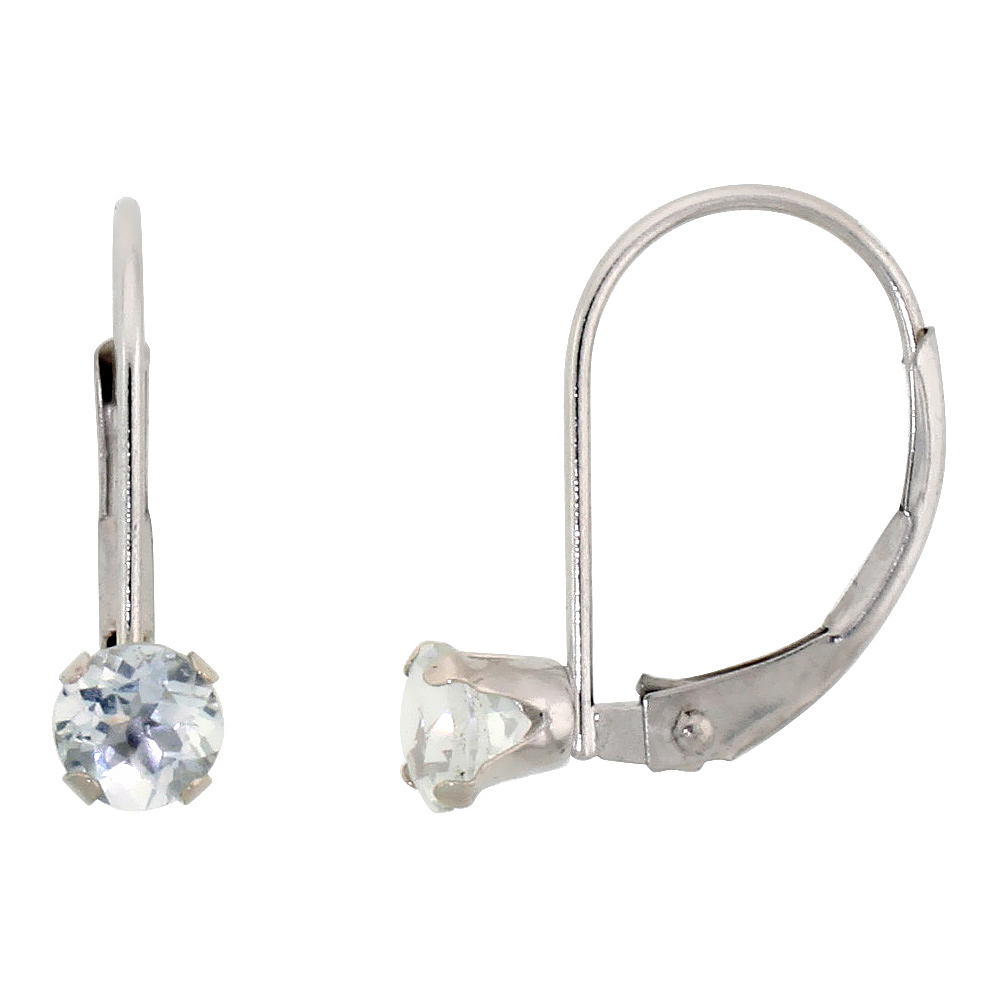 10k White Gold Natural Aquamarine Leverback Earrings 1/2 ct Brilliant Cut March Birthstone, 9/16 inch long