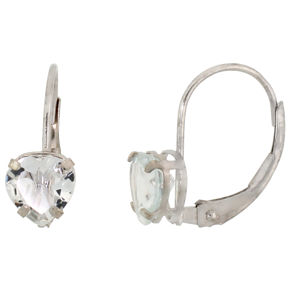 10k White Gold Natural Aquamarine Heart Leverback Earrings 6mm March Birthstone, 9/16 inch long