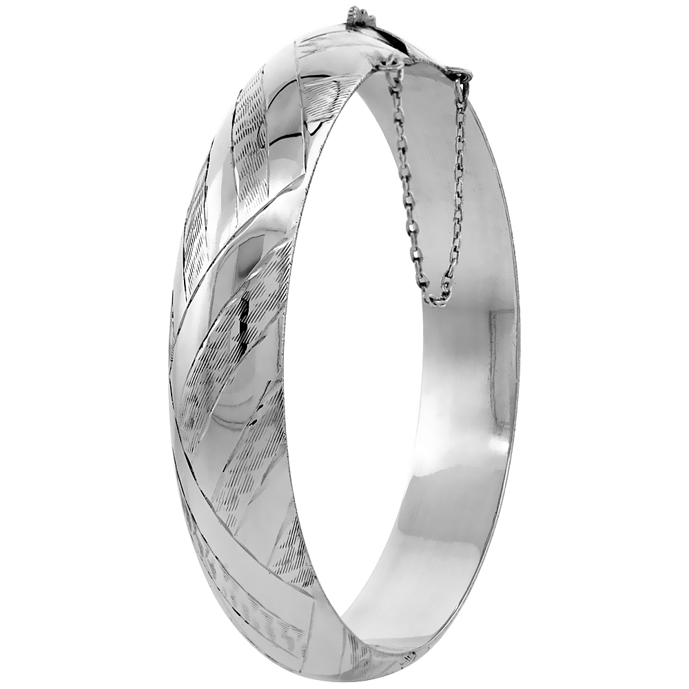 Sterling Silver Bangle Bracelet Engraved Safety Chain, 1/2 inch wide