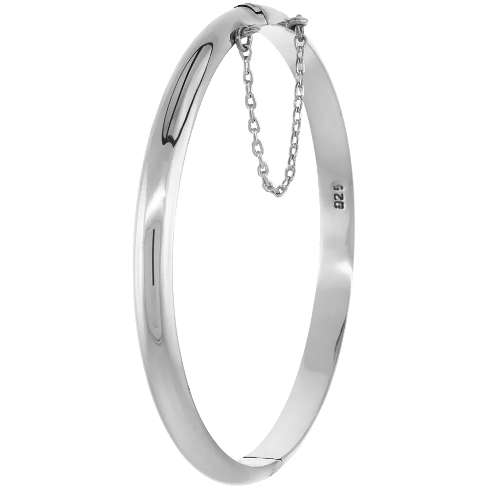 Sterling Silver Bangle Bracelet High Polished Thin Safety Chain, 3/16 inch wide