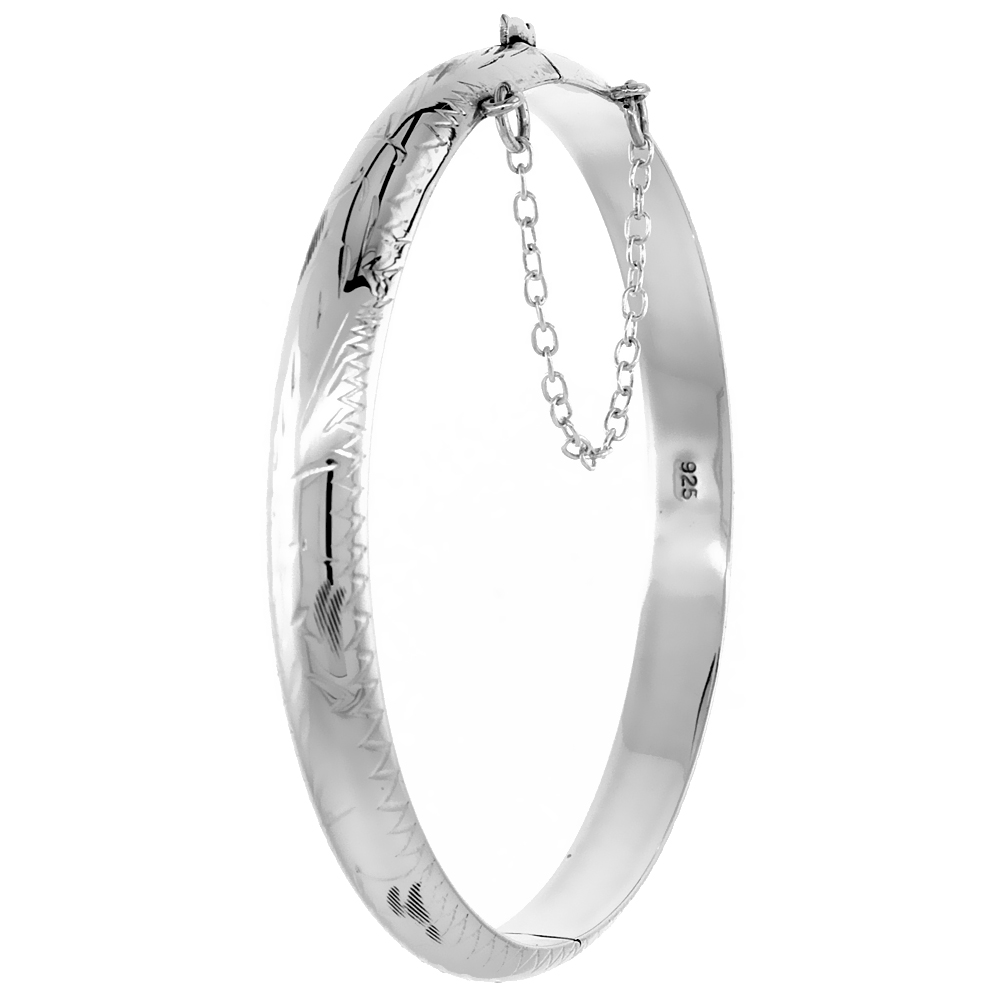 Sterling Silver Bangle Bracelet Floral Engraving Safety Chain 1/4 inch wide