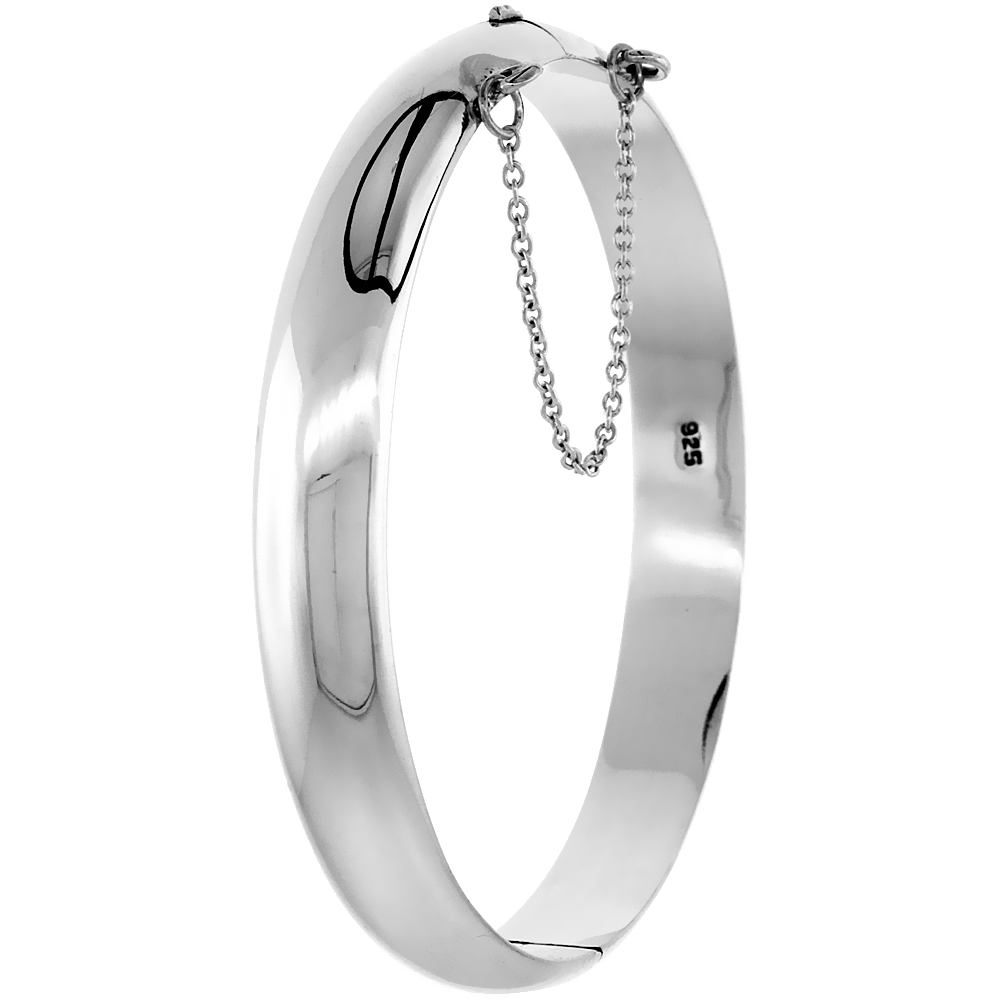 Sterling Silver Bangle Bracelet High Polished Safety Chain, 3/8 inch wide