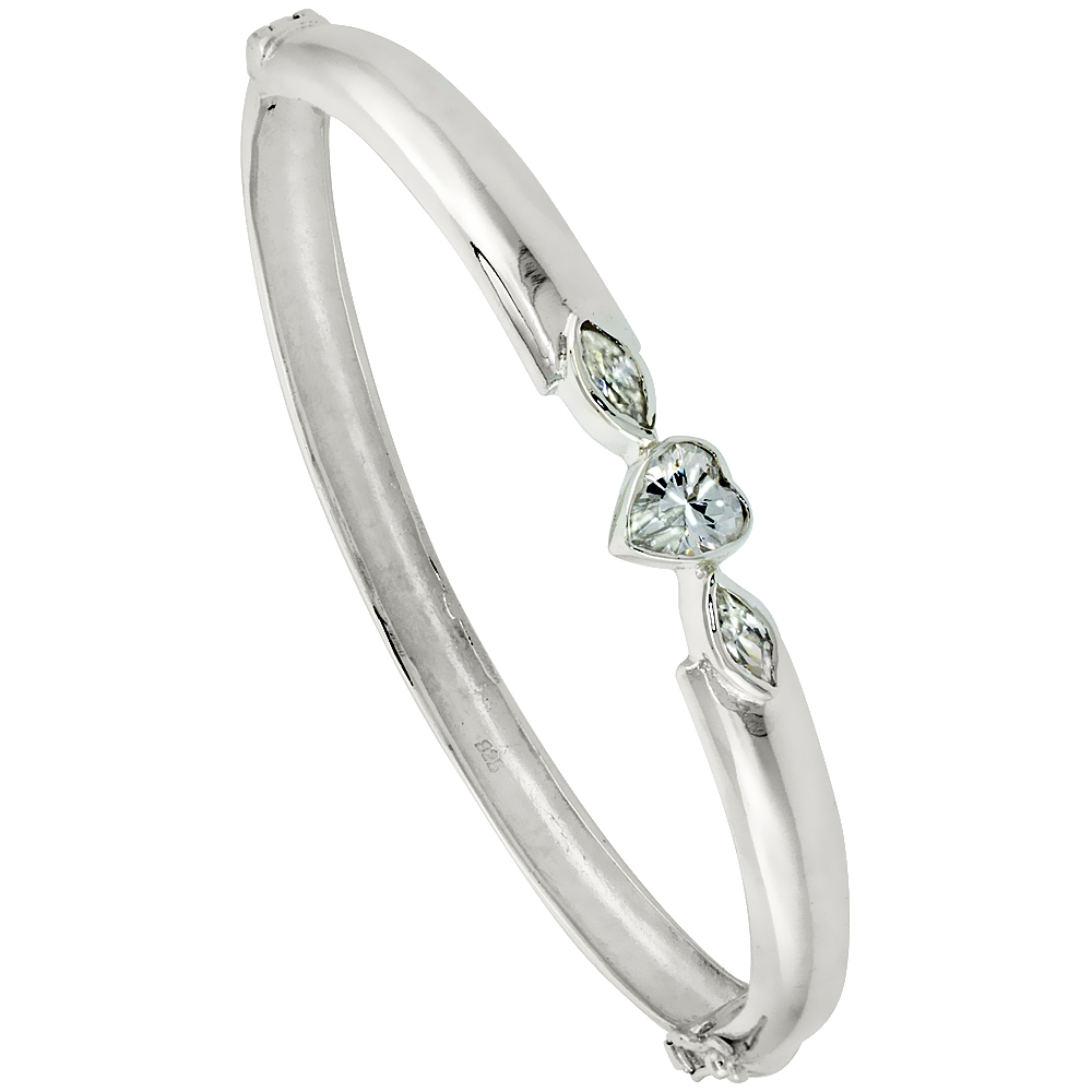 Sterling Silver Bangle Bracelet High Polished Heart w/ Cubic Zirconia Stones, 1/4 inch wide