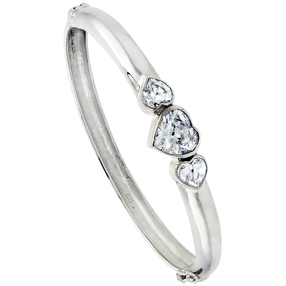 Sterling Silver Bangle Bracelet High Polished Cut-out Leaf w/ Cubic Zirconia Stones, 3/4 inch wide