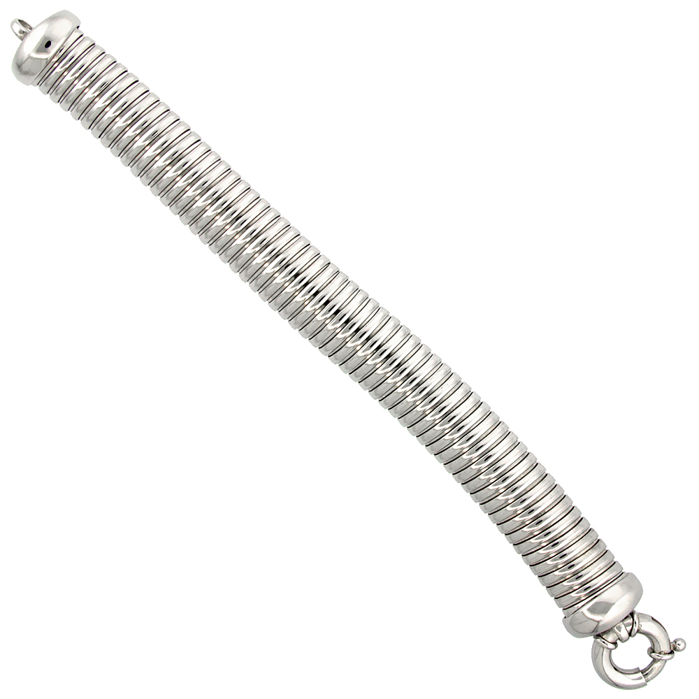 Sterling Silver Striped Dome Bracelet in White Gold Finish, Large Spring Clasp, 19/32 inch wide
