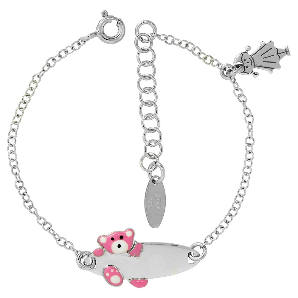 Sterling Silver Rolo Link Baby ID Bracelet in White Gold Finish w/ Pink Teddy Bear &amp; Girl Charm (5-6 inch)