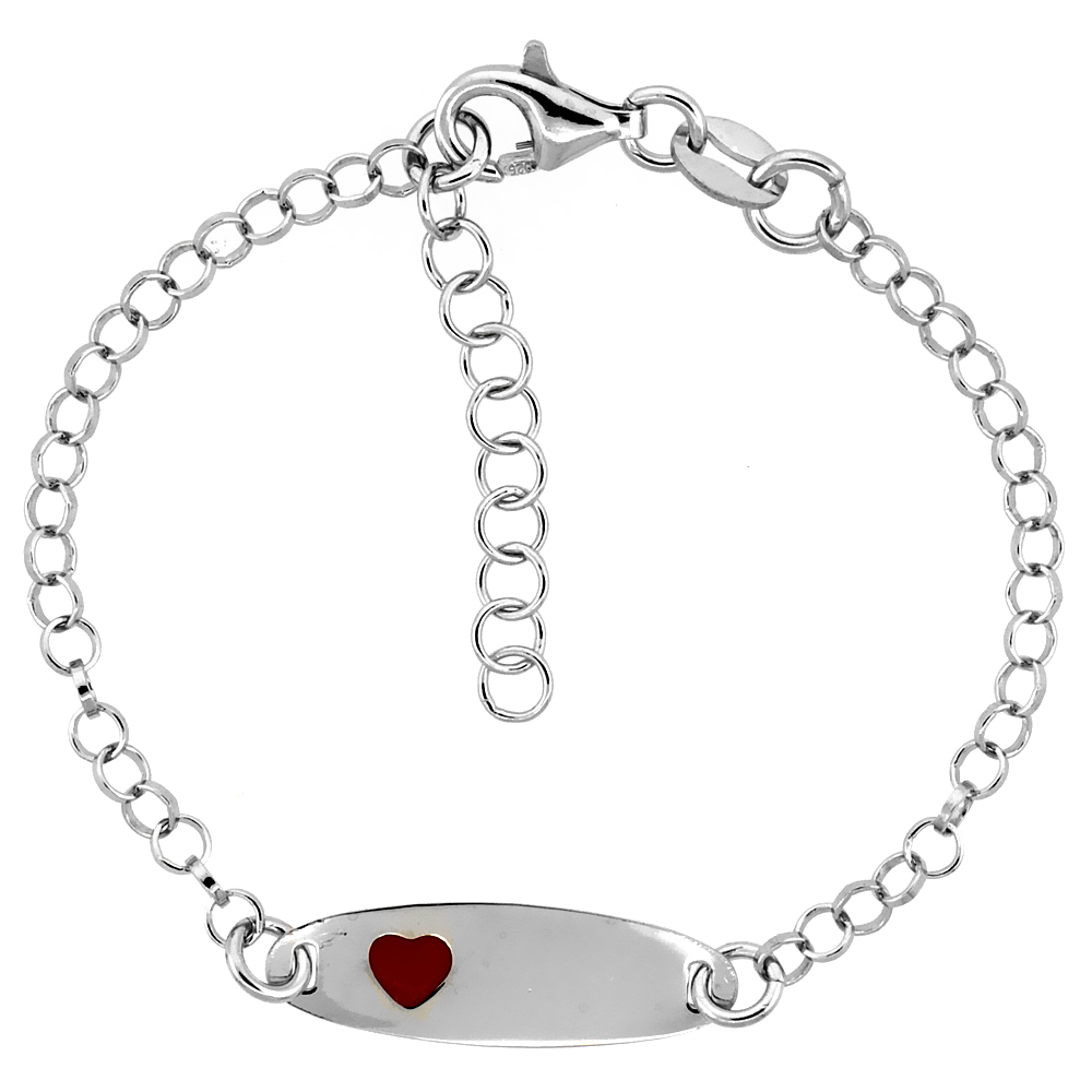 Sterling Silver Rolo Link Baby ID Bracelet in White Gold Finish w/ Red Heart Accent (5-6 inch)