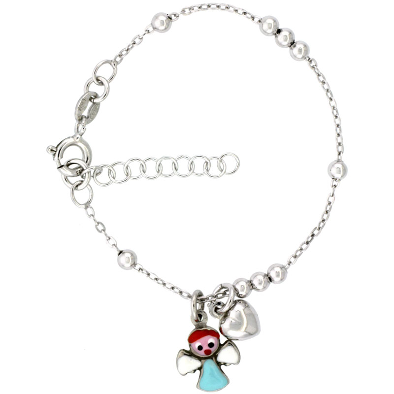 Sterling Silver Beaded Cable Link Baby Bracelet in White Gold Finish w/ Heart &amp; Angel Charms (5-6 inch)