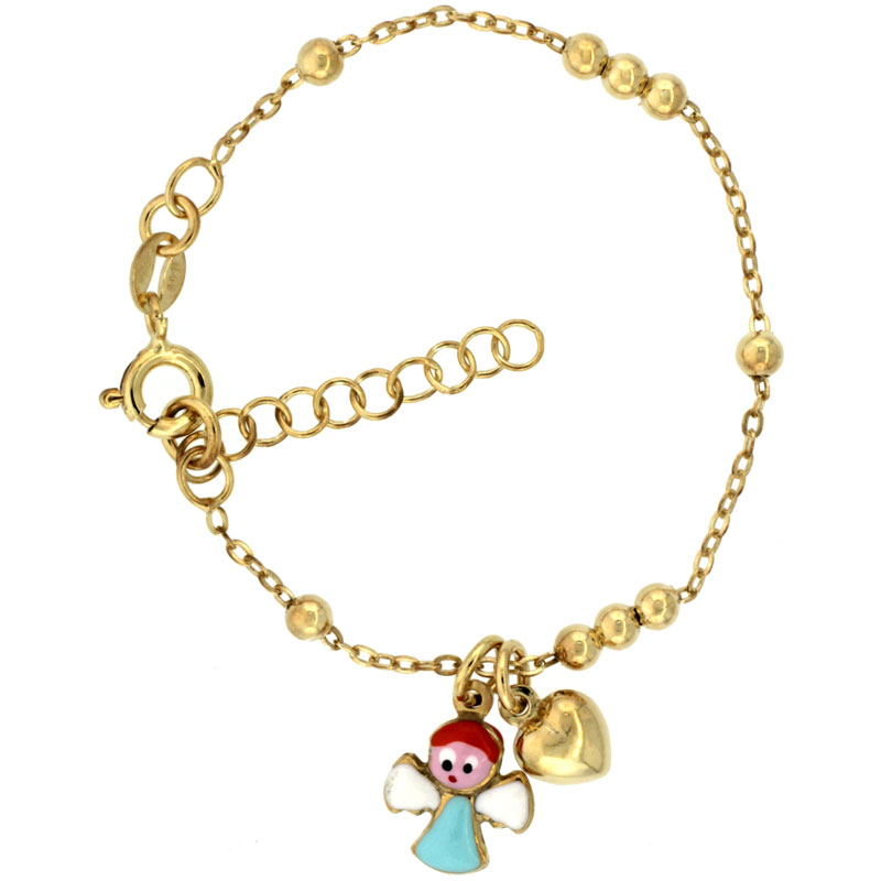 Sterling Silver Beaded Cable Link Baby Bracelet in Yellow Gold Finish w/ Heart &amp; Angel Charms (5-6 inch)