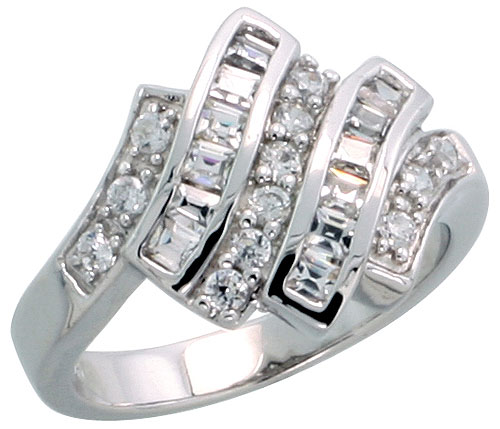 Sterling Silver Cocktail Ring, Rhodium Plated w/ 12 Baguette &amp; 12 Round Cubic Zirconia Stones, 9/16&quot; (14 mm) wide