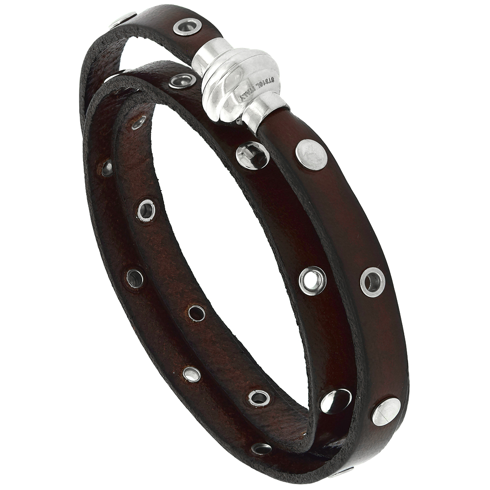 Quality Full Grain Brown Studded Leather Wrap Bracelet Stainless Steel Magnetic Clasp Italy 22.5 inch