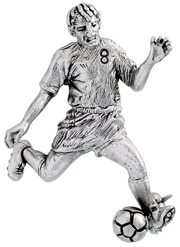 Sterling Silver Soccer Player &quot;Striker / Forward&quot; Brooch Pin, 1 5/8&quot; (42 mm) tall