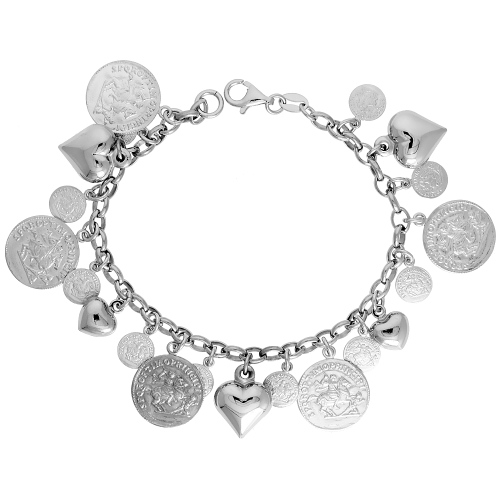 Sterling Silver Rolo Link Hearts & Coins Charm Bracelet, 7 in.