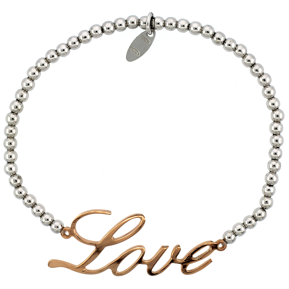 Sterling Silver 7 in. Ball Bead Link Bracelet w/ Rose Gold Finish LOVE Plate, 5/8 in. (16 mm) wide