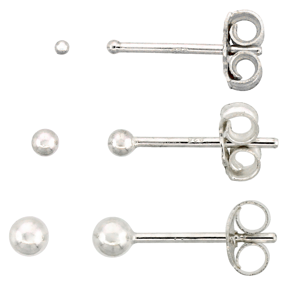 3-pair Set Sterling Silver 1mm 2mm & 3mm Ball Stud Earrings for Women and Girls