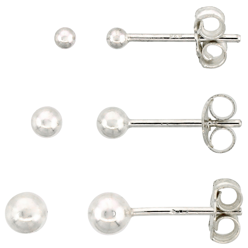 3-pair Set Sterling Silver 2mm 3mm & 4mm Ball Stud Earrings for Women and Girls