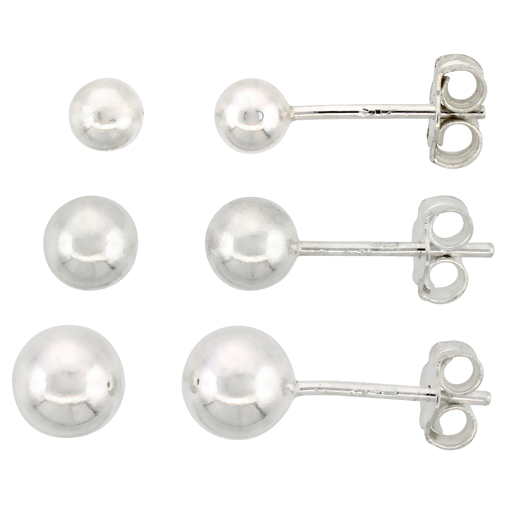 3-pair Set Sterling Silver 4mm 5mm & 6mm Ball Stud Earrings for Women and Girls
