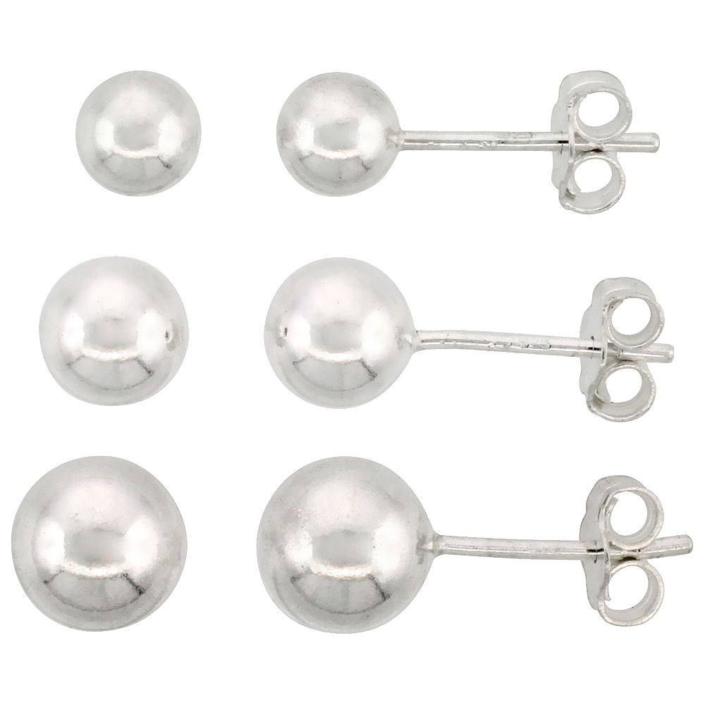3-pair Set Sterling Silver 5mm 6mm & 7mm Ball Stud Earrings for Women and Girls