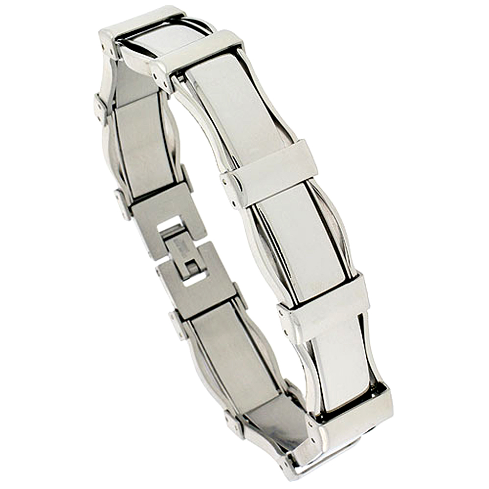STAINLESS STEEL ID BRACELET FOR MEN ROUNDED EDGE LINKS CARBON FIBER ACCENT, 3/8 INCH WIDE, 8 1/2 INCH LONG